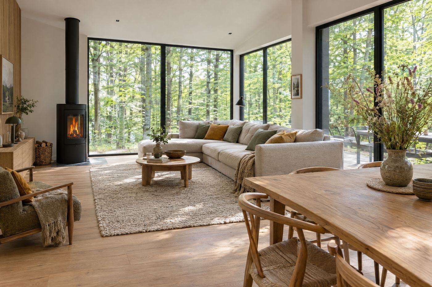 Bright living room of a holiday home opening onto the forest