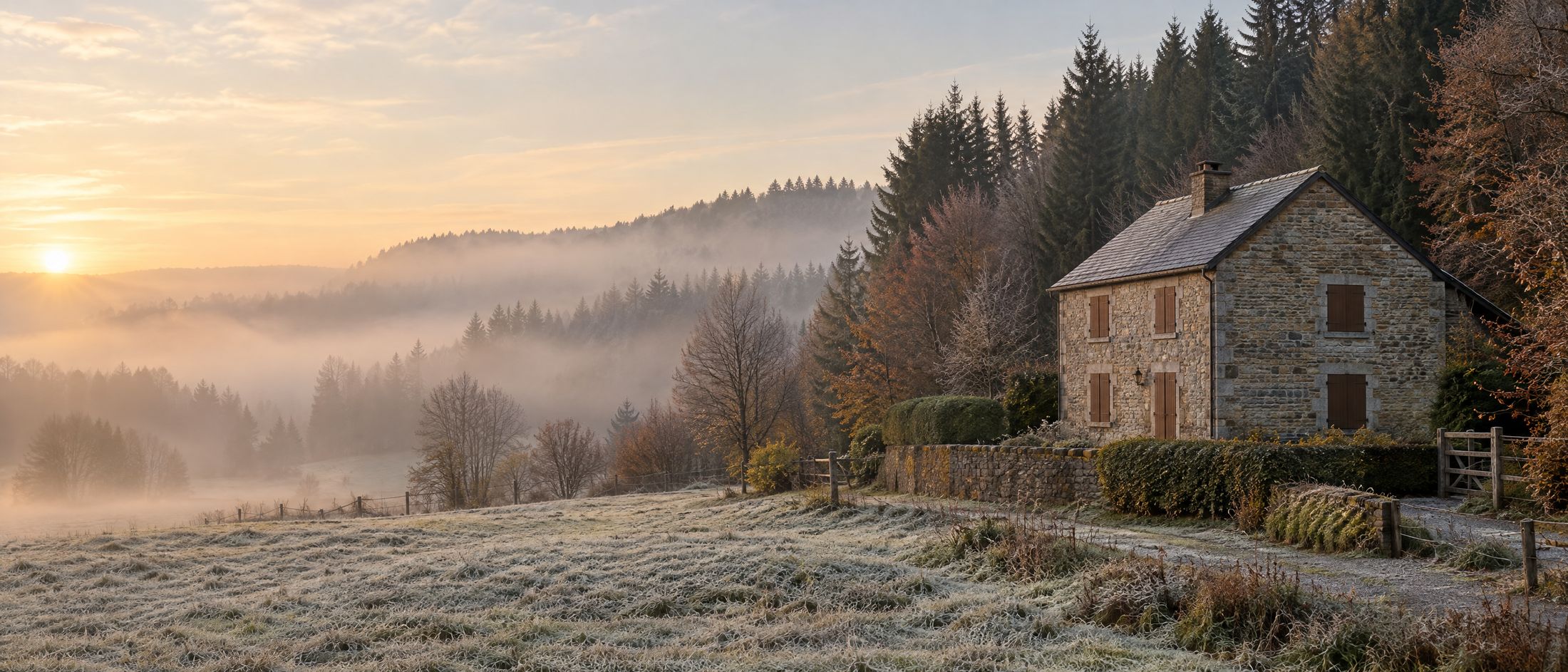 Maison de pierre en lisière de forêt ardennaise, un matin de brume