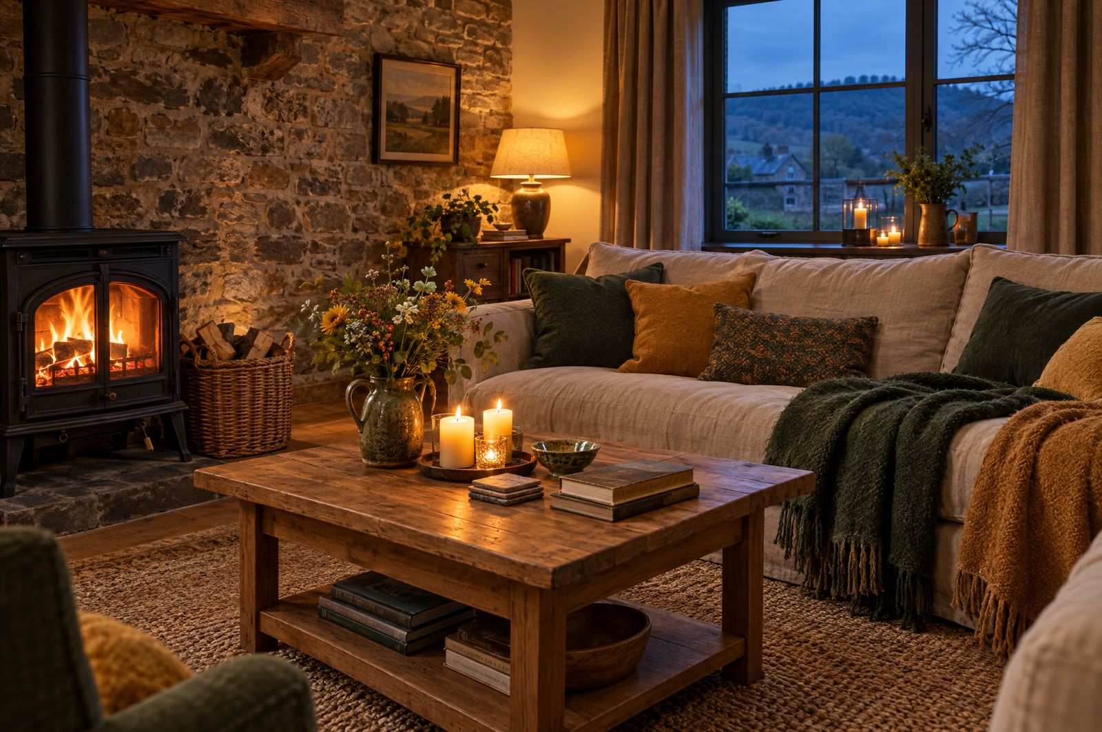 Living room of an Ardennes house ready for the owners’ arrival, stove lit