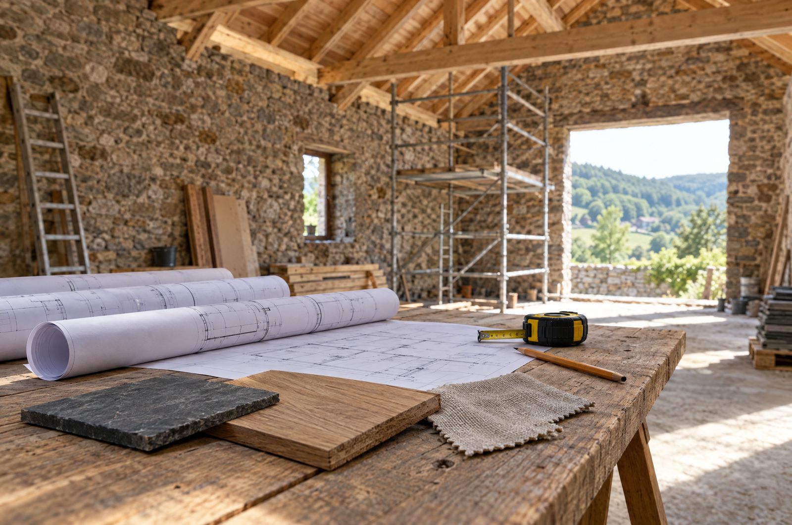 Plans and material samples in a barn under renovation