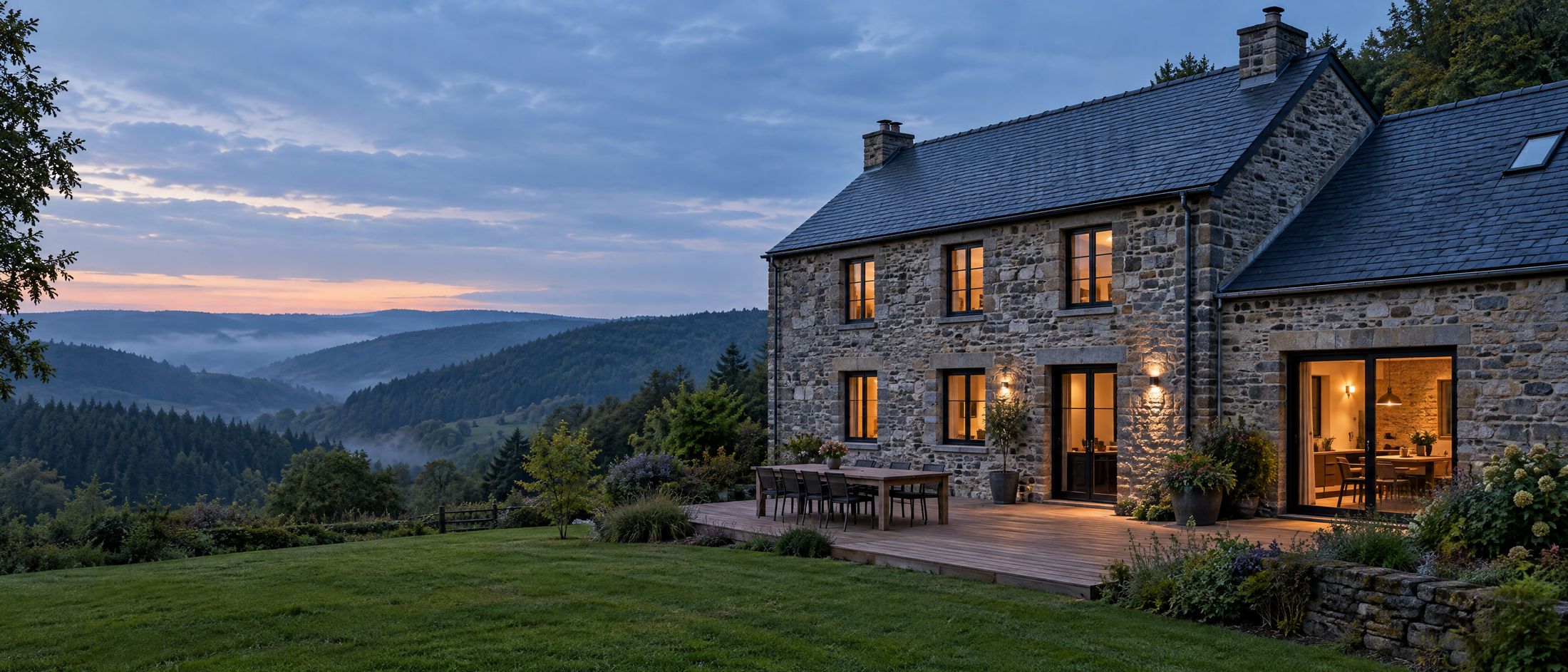 Stone Ardennes farmhouse converted into a holiday home, at dusk