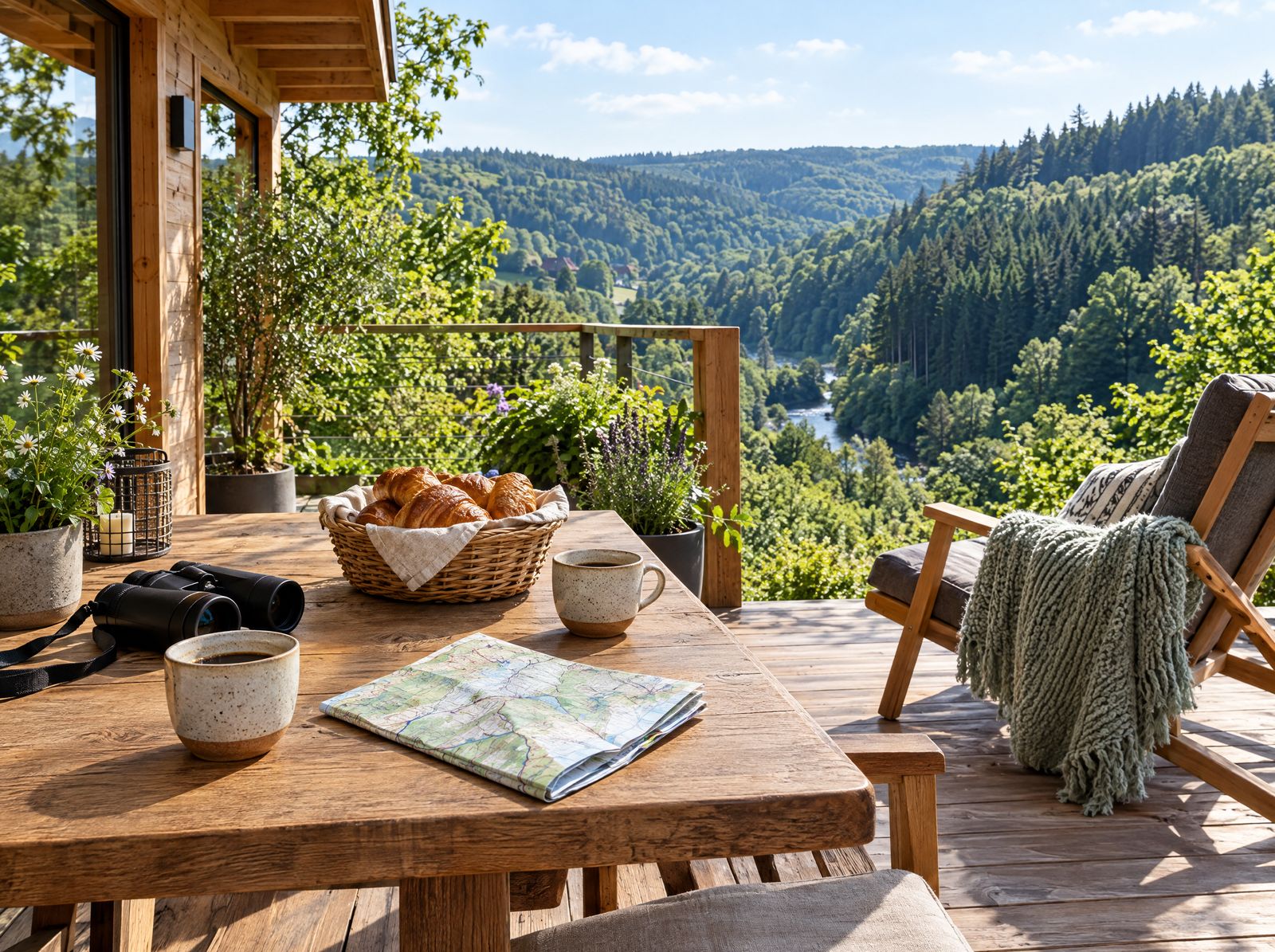 Holiday home terrace overlooking a wooded Ardennes valley