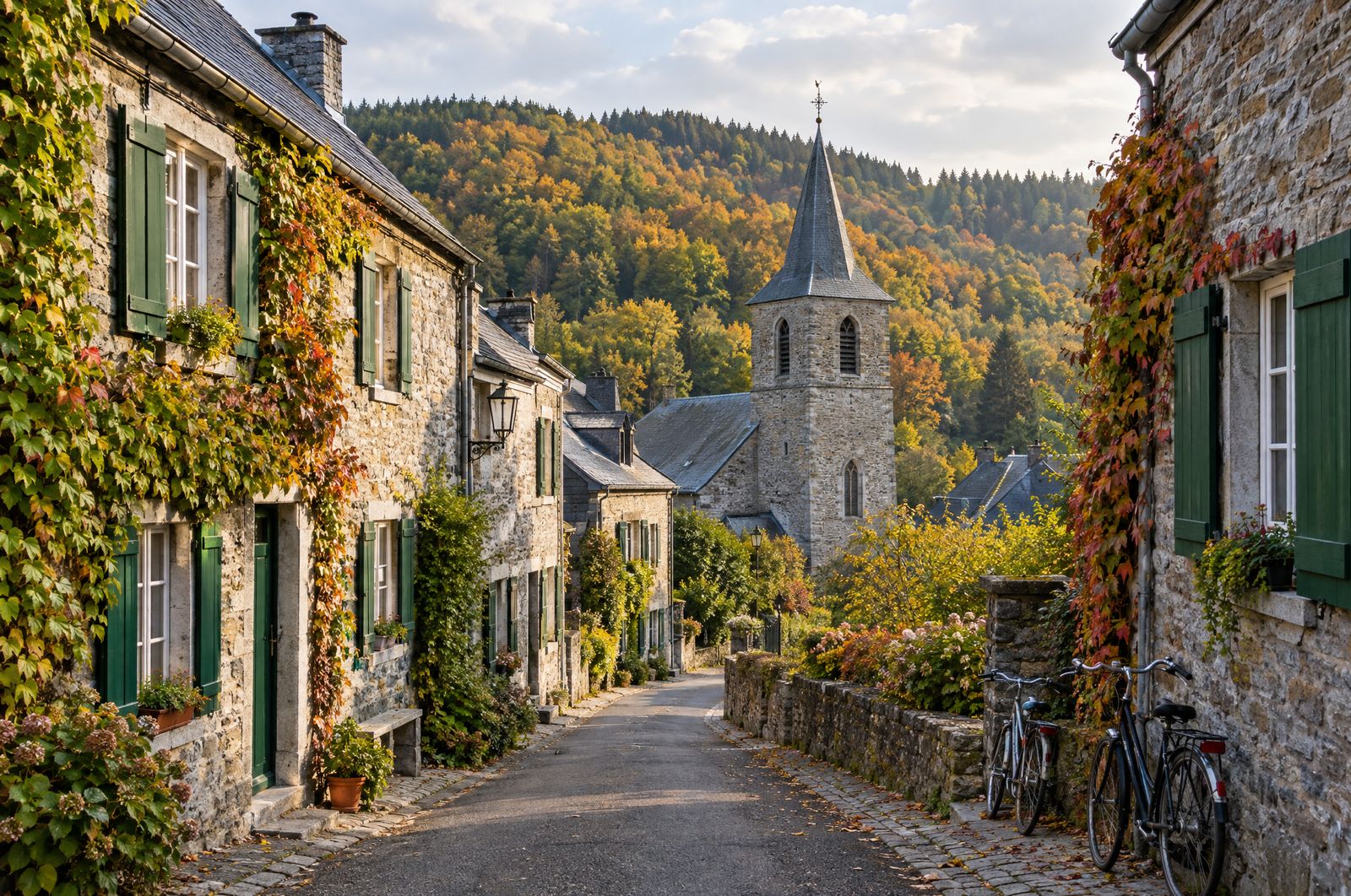 Lane in an Ardennes village with stone houses, in autumn